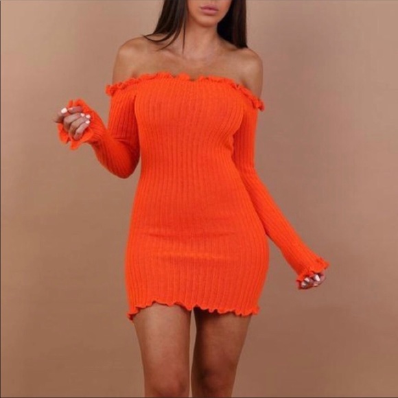 Neon Orange Ribbed Dress - Picture 2 of 3